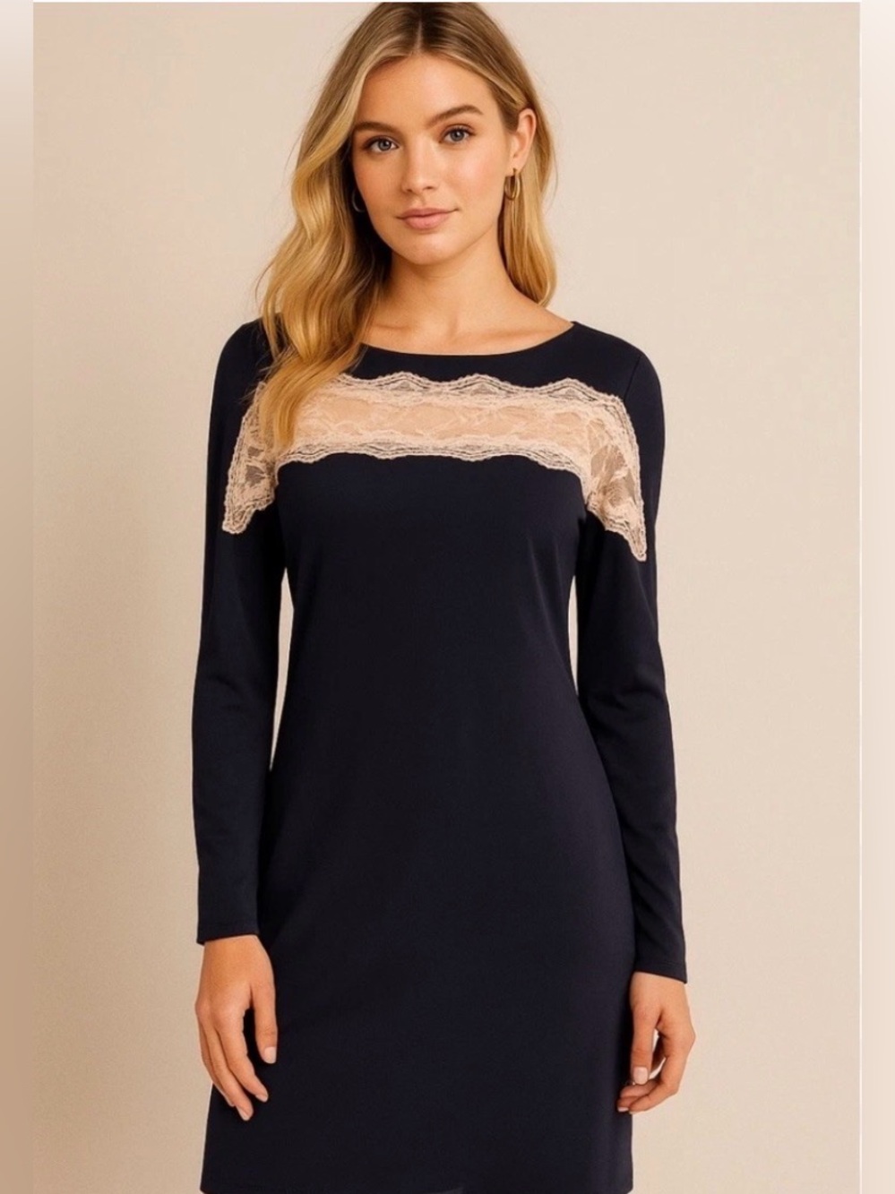 Chelsea28 Navy Long Sleeve Shift Dress with Lace Yoke